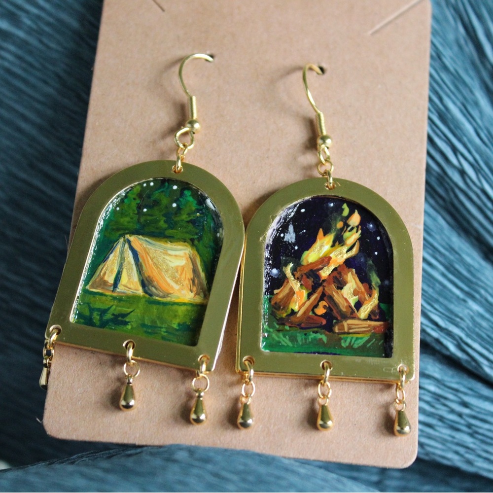 Hand painted Gold Camping Earrings